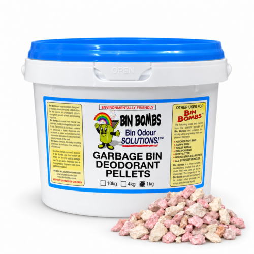 Bin Bombs 1kg Drum with Garbage Odour Eliminator Pellets displayed