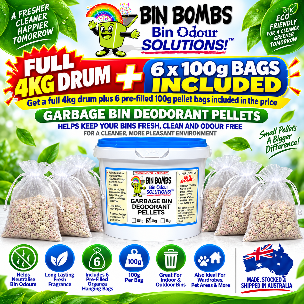 Bin Bombs 4kg Drum with 6 Extra 100 gram bags | Furniture Care Products Bright product ad for Bin Bombs garbage bin deodorant pellets: 4kg drum plus six 100g bags included, for odor control.