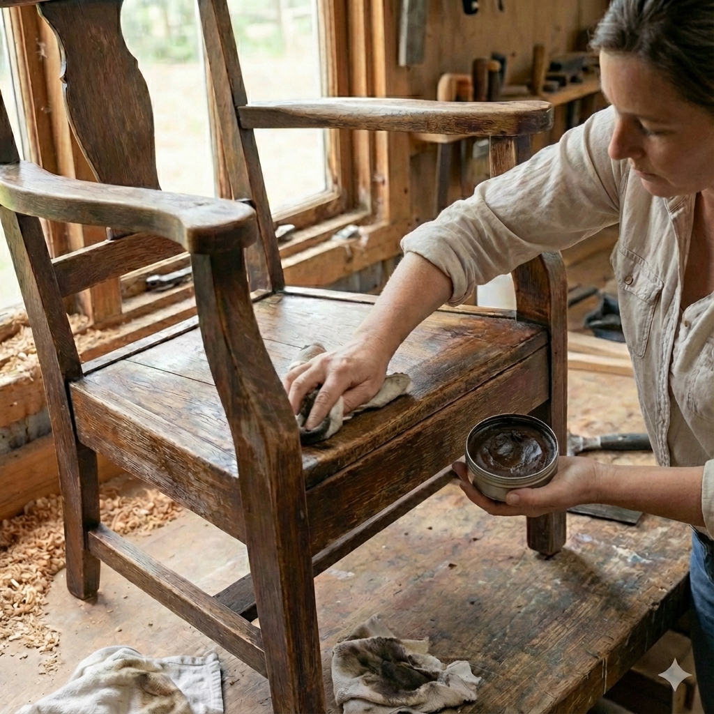 Lifestyle Image Woman Restoring an Old Chair With AFC Finishing Restoration Wax Dark Brown | Furniture Care Products Lifestyle Image Woman Restoring an Old Chair With AFC Finishing Restoration Wax Dark Brown