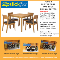 Slipstick Foot Floor Protectors for attaching to a 5 piece Dining Setting. Shows 2 packets of Furniture Sliders and 1 packet of Furniture Grippers with explanation.