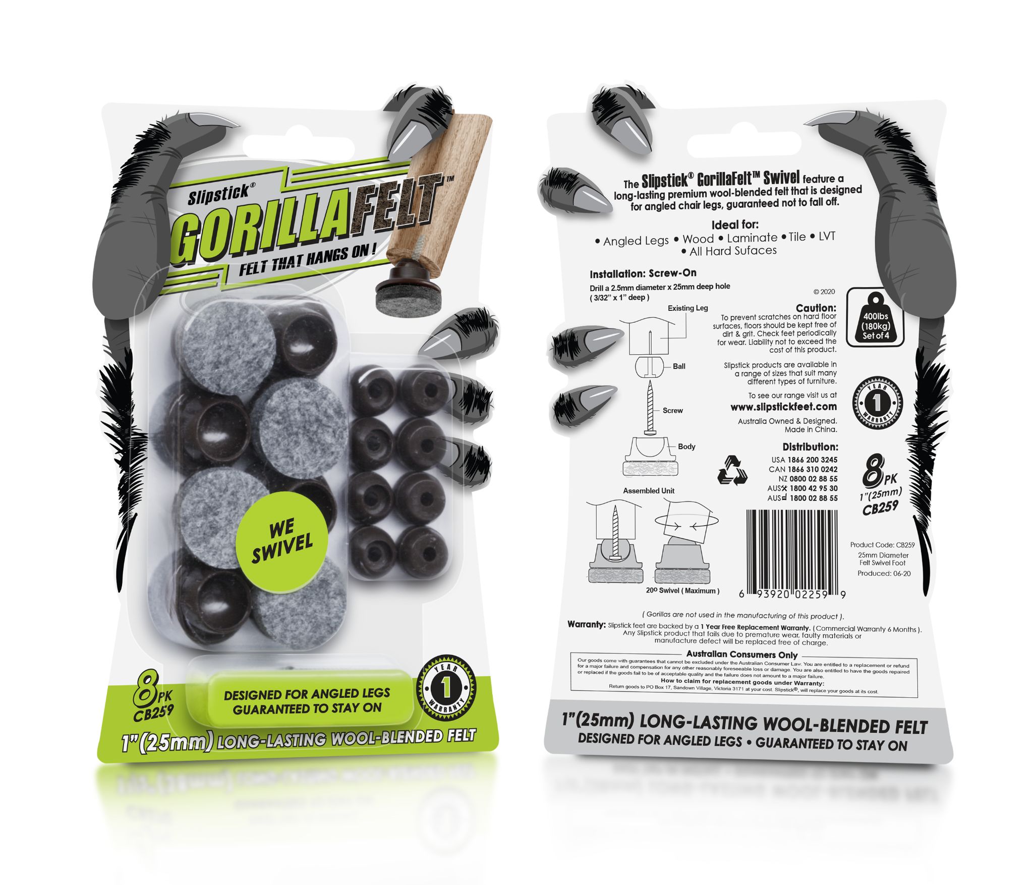 Slipstick Gorilla Felt Floor Protector Round Swivel For Chairs with Angled Legs CB259 FB | Furniture Care Products Slipstick Gorilla Felt Floor Protector Round Swivel For Chairs with Angled Legs CB259 Front and Back of Packet