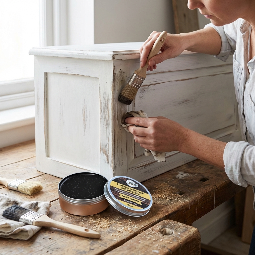 Woman Distresses Chalk Painted Furniture With AFC Dark Brown Restoration Antiquing Wax | Furniture Care Products Woman Distresses Chalk Painted Furniture With AFC Dark Brown Restoration Antiquing Wax